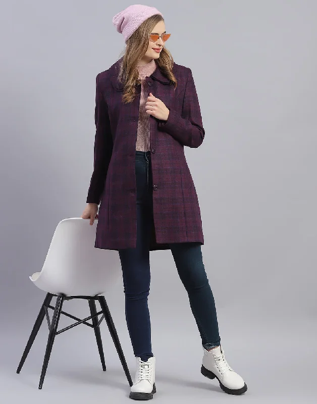 Women Purple Check Collar Full Sleeve Coat